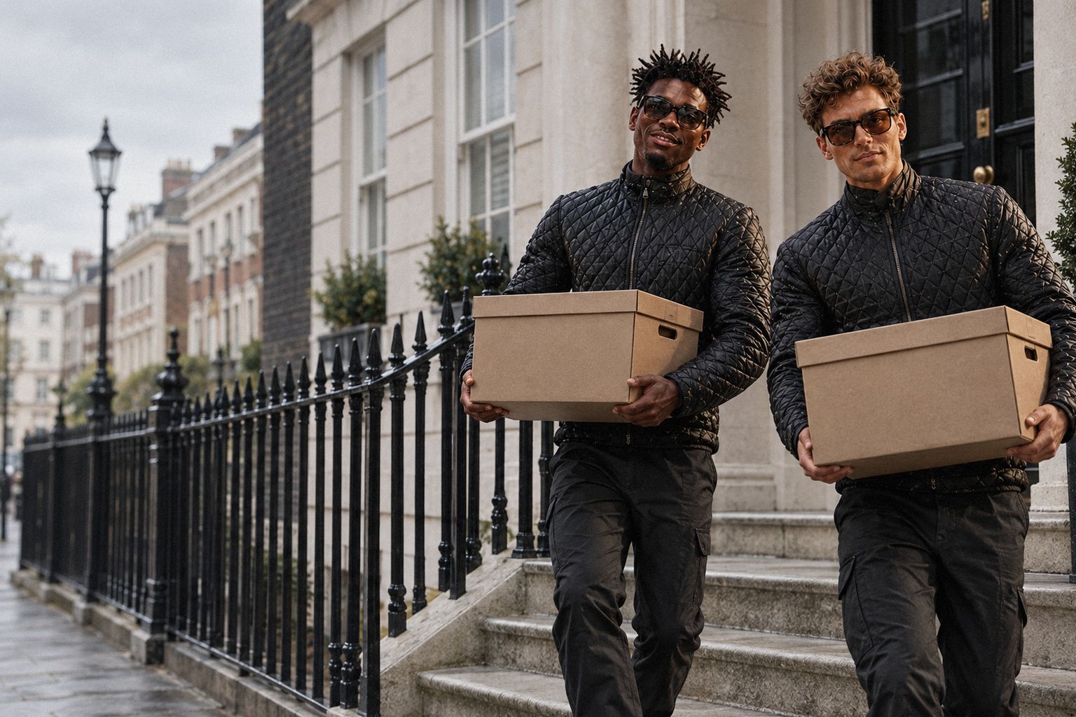 The two WolfX characters carry archive boxes down the steps of a townhouse office.