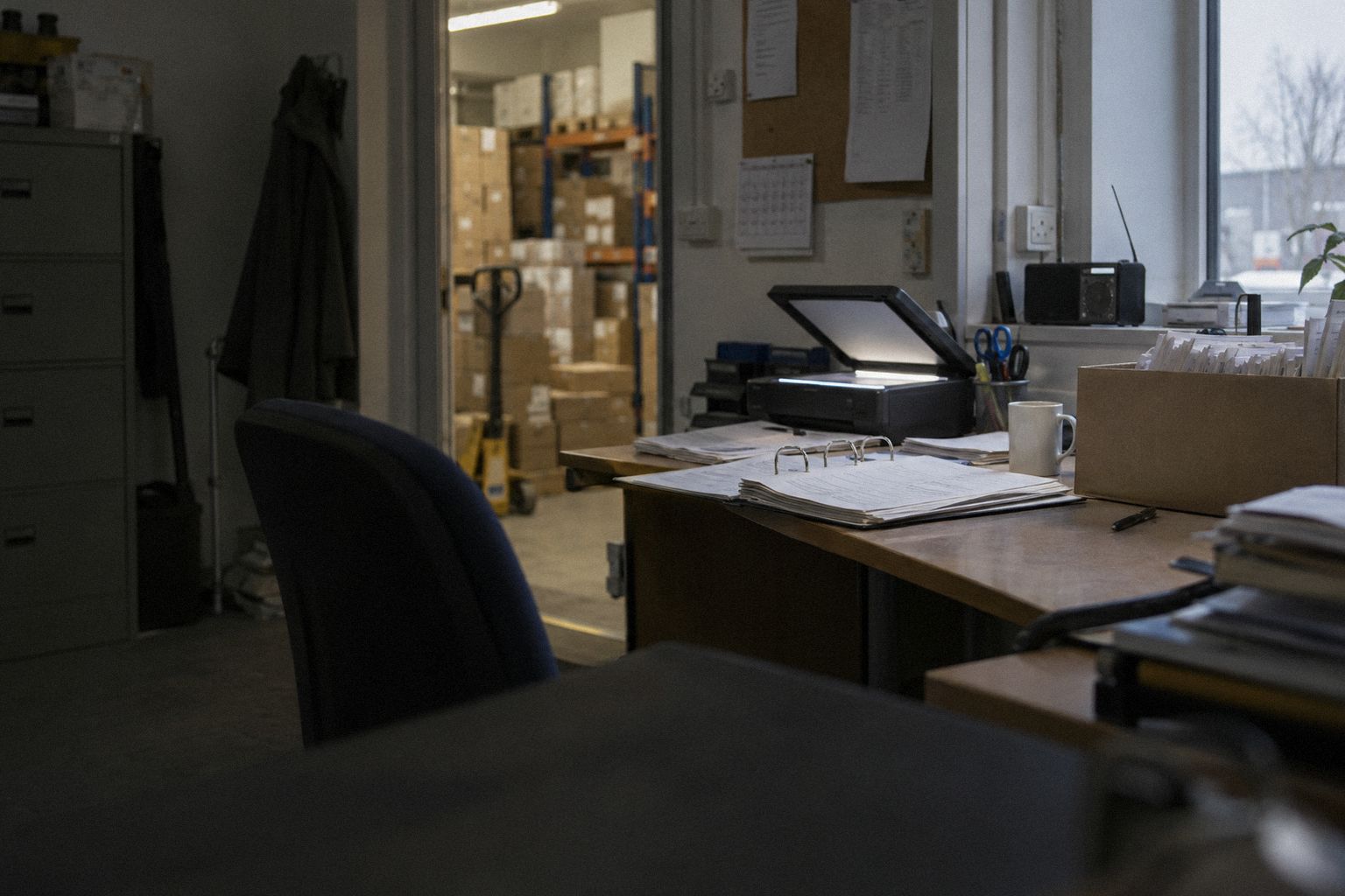 A back office at 10am, a ring binder open beside a scanner with its light on.