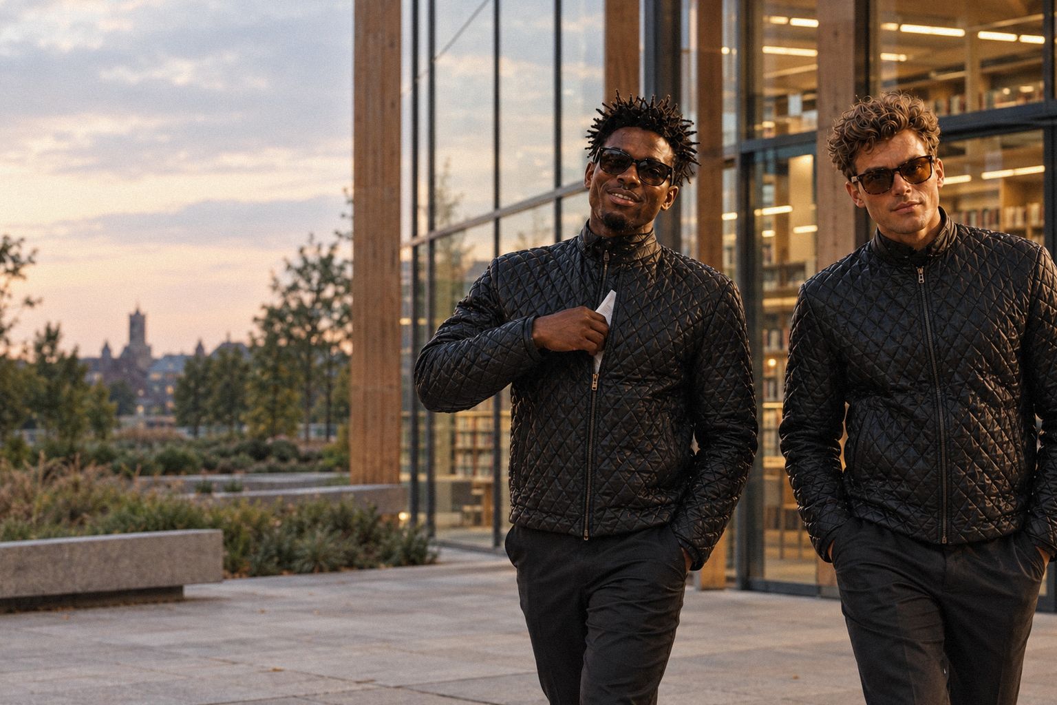The two WolfX characters leave a modern library building in the evening.