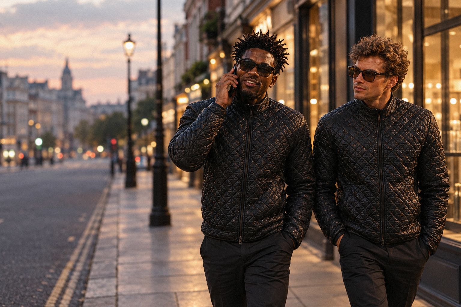 The two WolfX characters walk down a city street at dusk, one on a phone call.