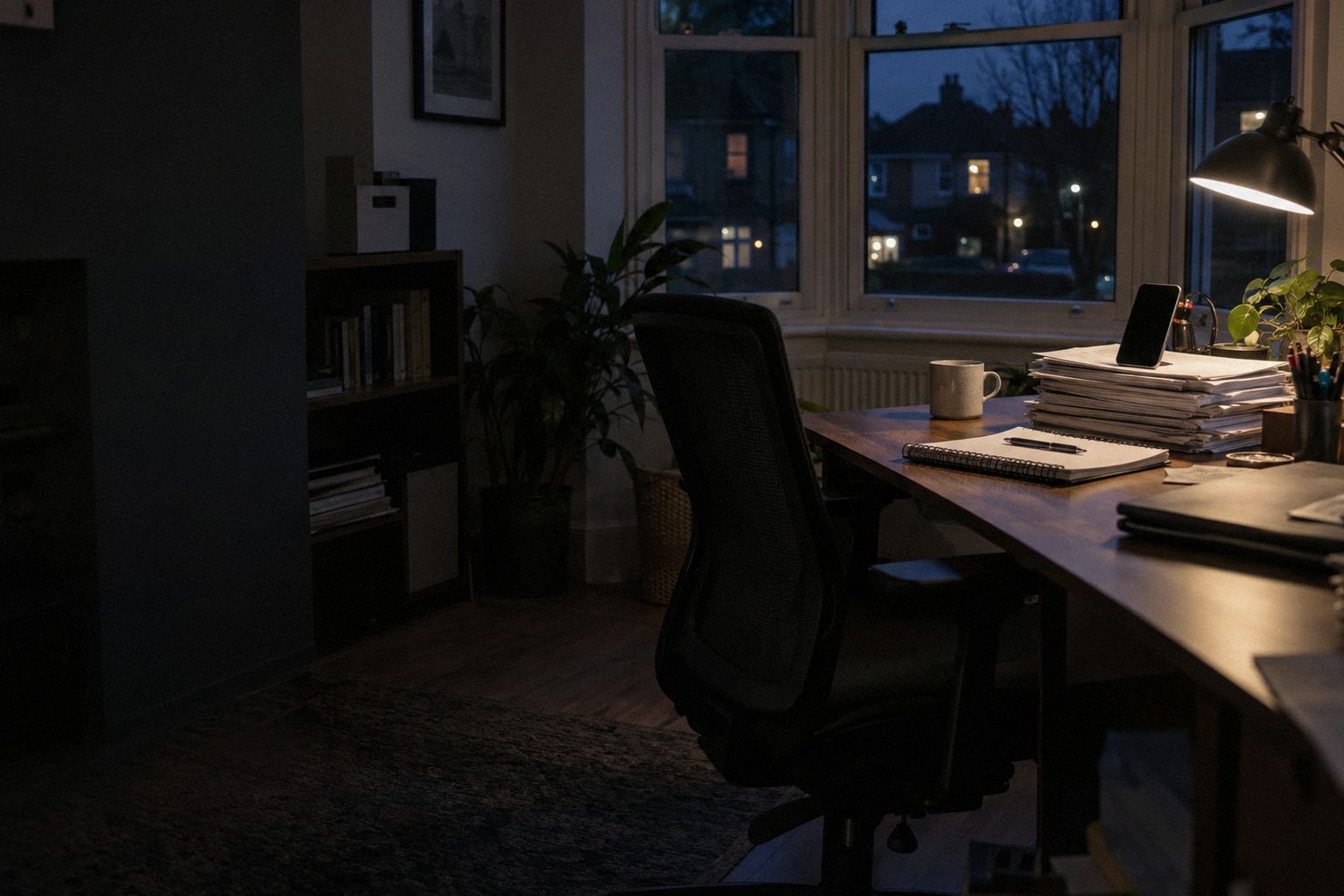 A home office at 6pm, a phone propped on a stack of invoices under a lamp.