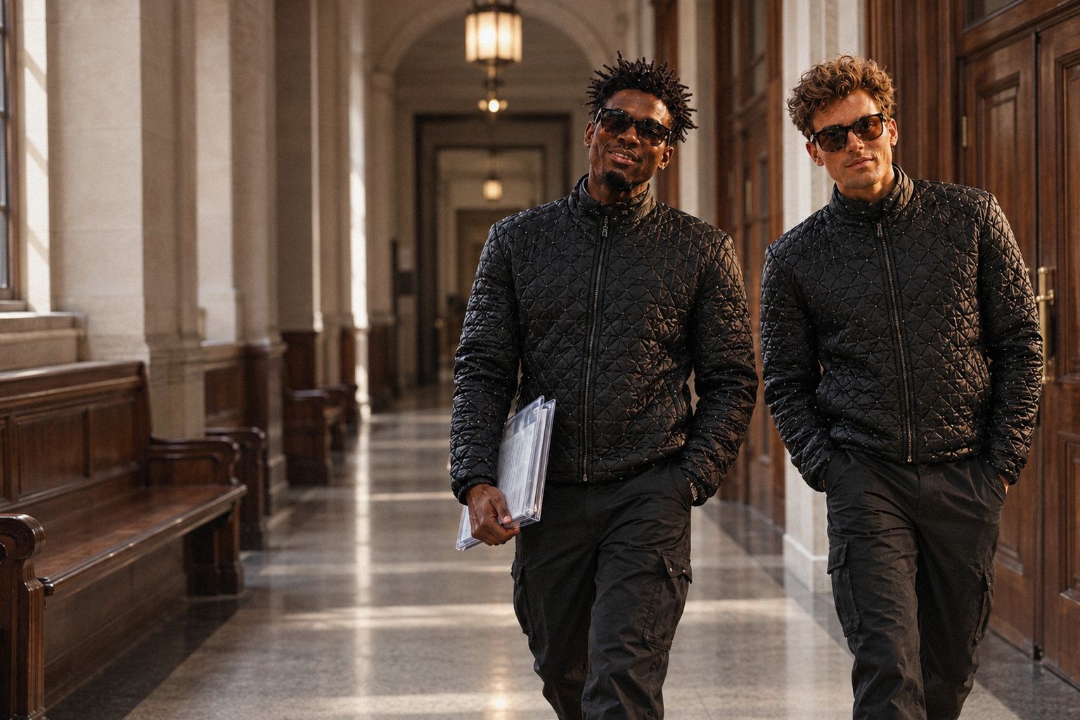 The two WolfX characters walk down a court corridor, one carrying a plastic folder.